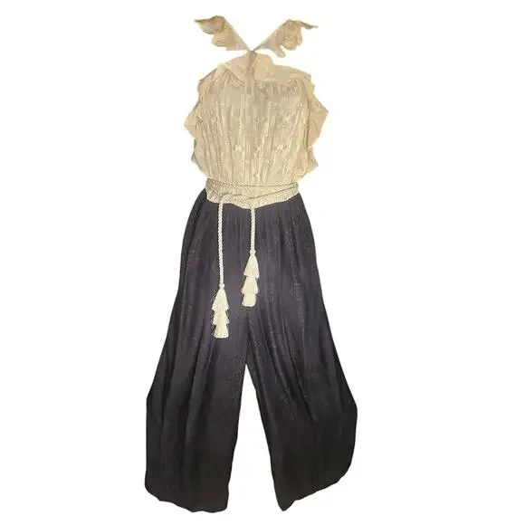 Rachel Zoe Ivory Black Halter Jumpsuit SZ 6 Ruffled Slraps Silk Tassled Tie NWT - Picture 5 of 11